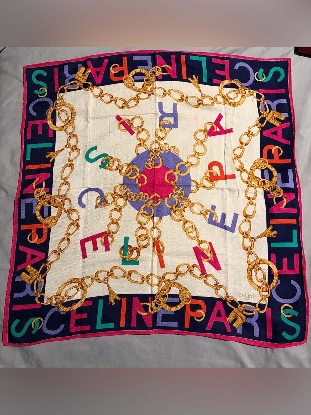 Vintage Celine Paris 22” Chain Logo Square Scarf Multicolor